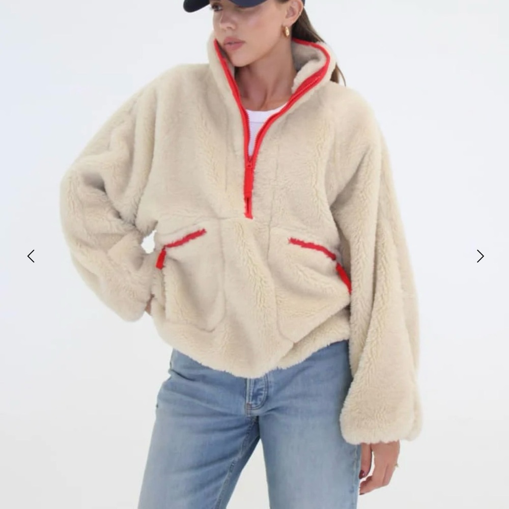 Women's Beige Fleece Jacket with Red Accents
